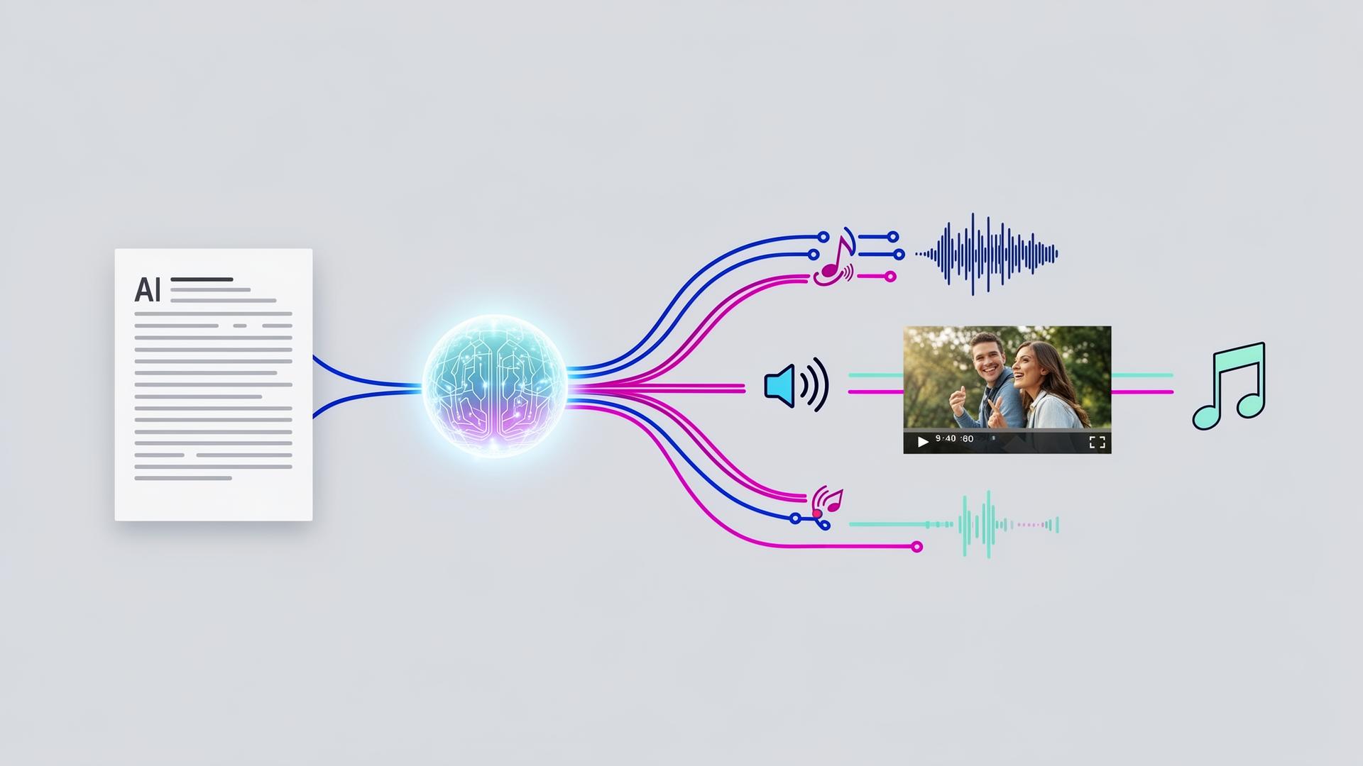 Article flowing through an AI core into voice, image, video and music outputs